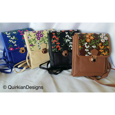 Beige Fake Leather Bag With Purple, Green And White Floral Embroidery Design, Day Clutch, Shopping Crossbody Sling Purse, Faux Leather Bag